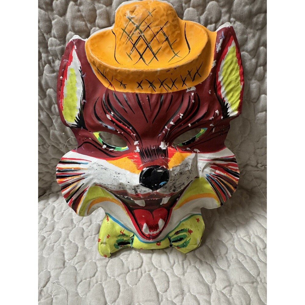 Vintage 1950s Plastic Halloween Mask - Fox / Wolf in Straw Hat & Bow Tie